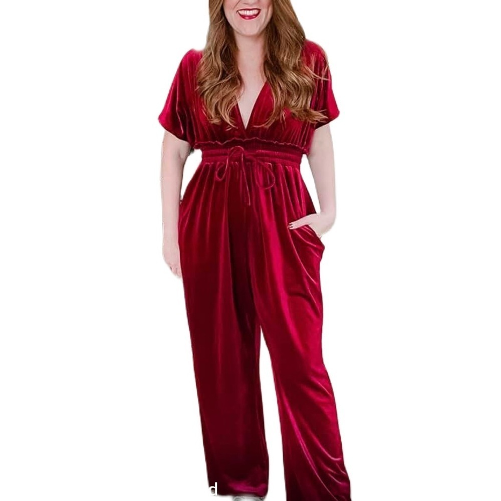 Women’s Red Velvet Casual Dress Short Sleeved Wide Leg Pants Suit